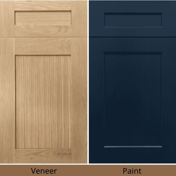 Wood Veneer vs Painted Cabinet Door Finish Comparison between natural wood veneer cabinet door and painted cabinet door finish