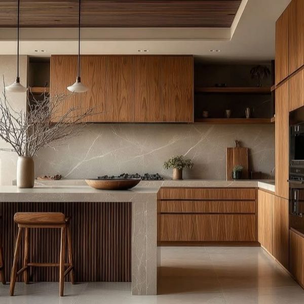 Contemporary kitchen interior with natural veneer cabinetry