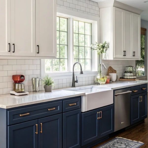 White kitchen with contrasting navy blue kitchen island