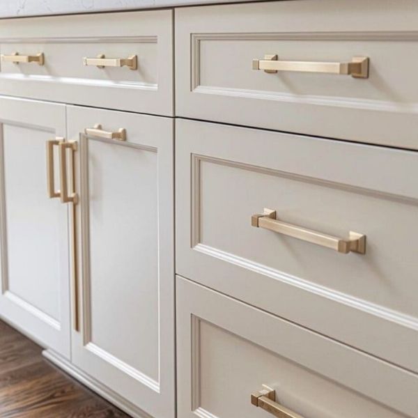 Brass and black hardware for modern painted cabinets