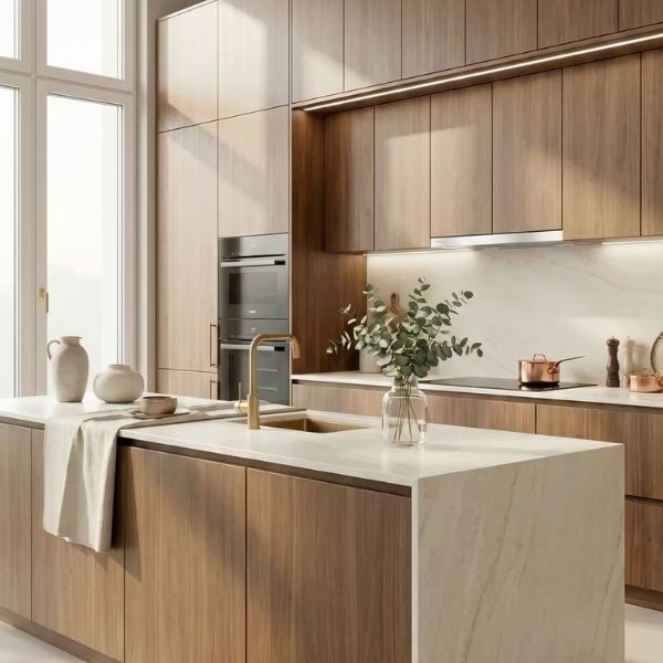 Modern oak veneer kitchen cabinets with minimalist design