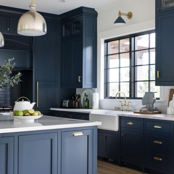 Modern painted shaker cabinets in white and navy blue finishes