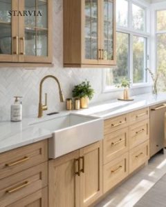 Modern kitchen with white oak shaker cabinets and large island