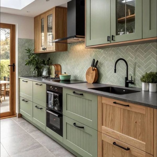 Contemporary kitchen with matte black and white two tone cabinets