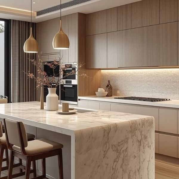 Open-concept kitchen with modern veneer cabinets and minimalist interior design