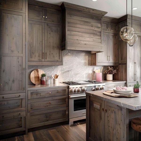 Rustic kitchen with stained wood cabinets
