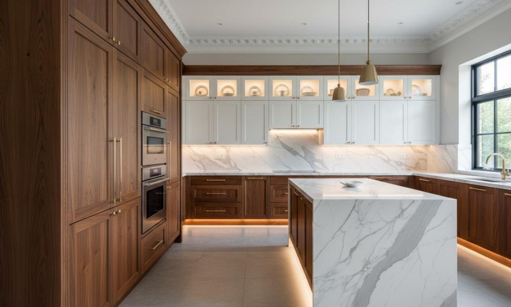 Warm stained wood cabinets in a traditional kitchen