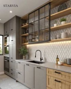 Modern two tone kitchen cabinets with white upper cabinets and navy blue lower cabinets