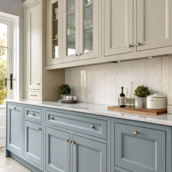 Two-tone modern painted cabinets with navy lower cabinets