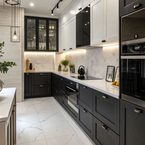 Two-tone shaker kitchen cabinets with white and wood finishes