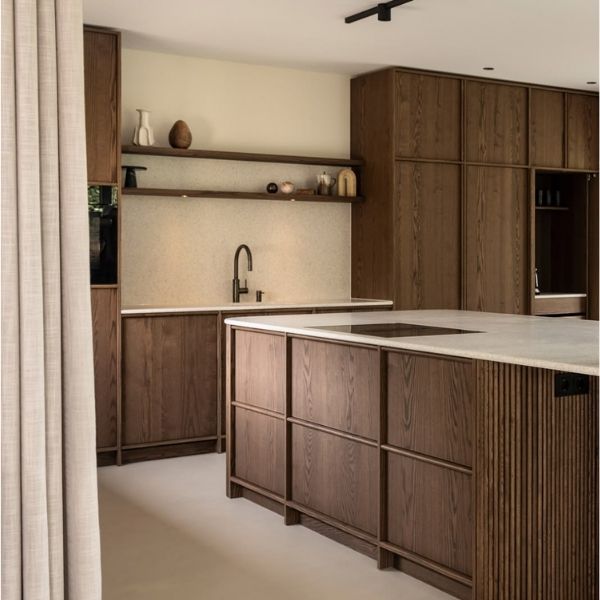 Walnut modern veneer cabinet texture with matte wood finish