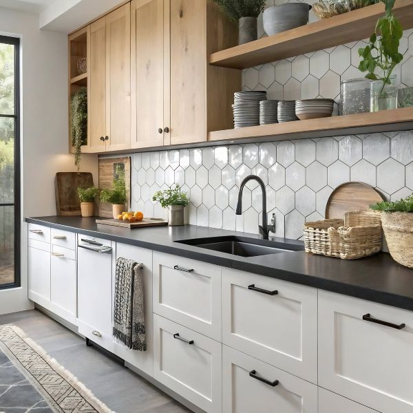 Example of two tone kitchen cabinets with wood and white combination