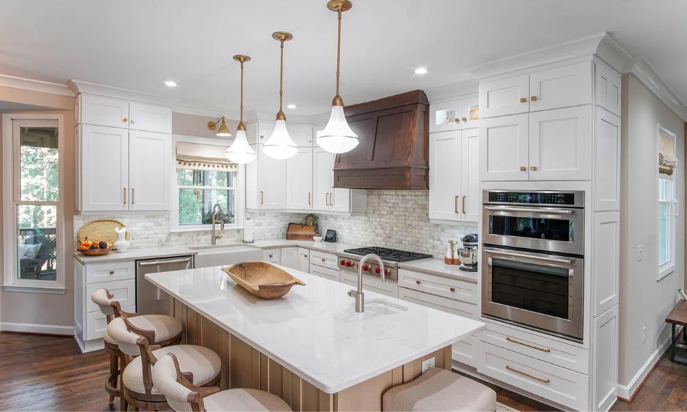 White painted kitchen cabinets in a modern home