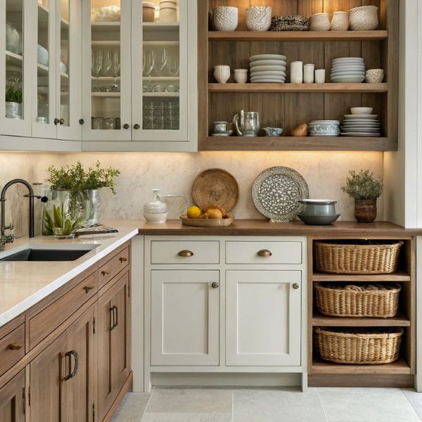 Warm wood and white two tone kitchen cabinets in Scandinavian kitchen