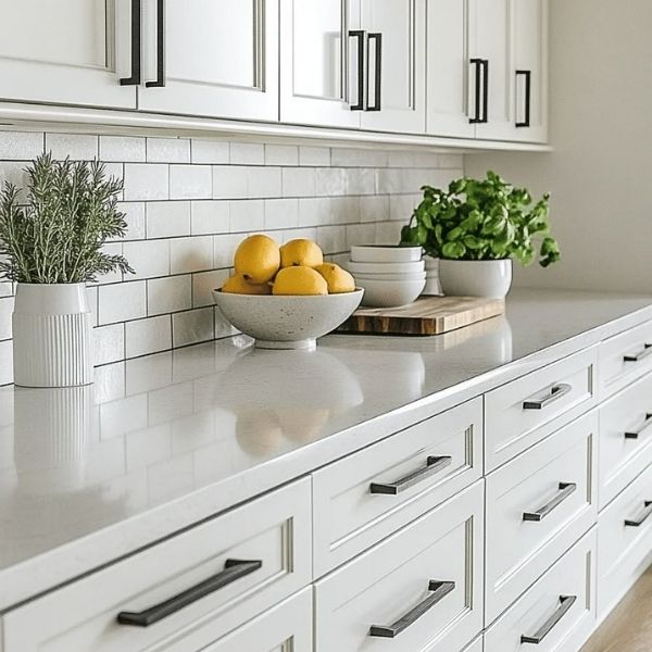 Hardware options for modern shaker cabinets including matte black, brass, and stainless steel finishes