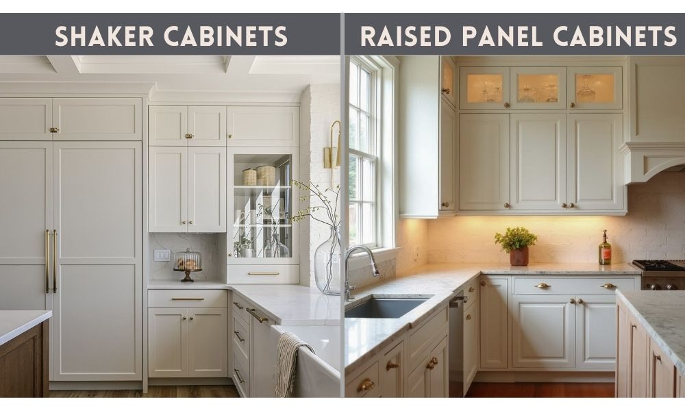 Shaker cabinet door next to raised panel cabinet door profile