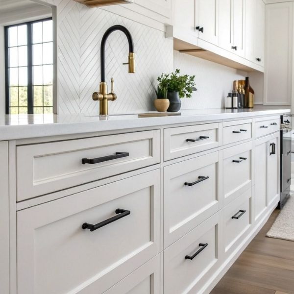 Close-up view of white shaker cabinet doors