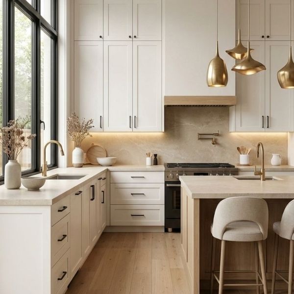 Under-cabinet lighting installed beneath white shaker kitchen cabinets