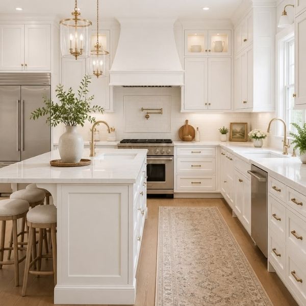 Luxury kitchen featuring white shaker kitchen cabinets