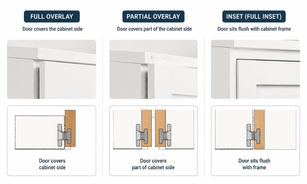 Cabinet hinge opening angles and overlay door styles