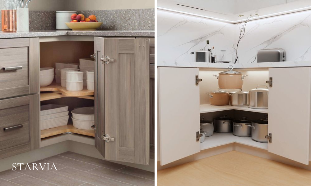 Easy access to cookware using rotating lazy susan shelves