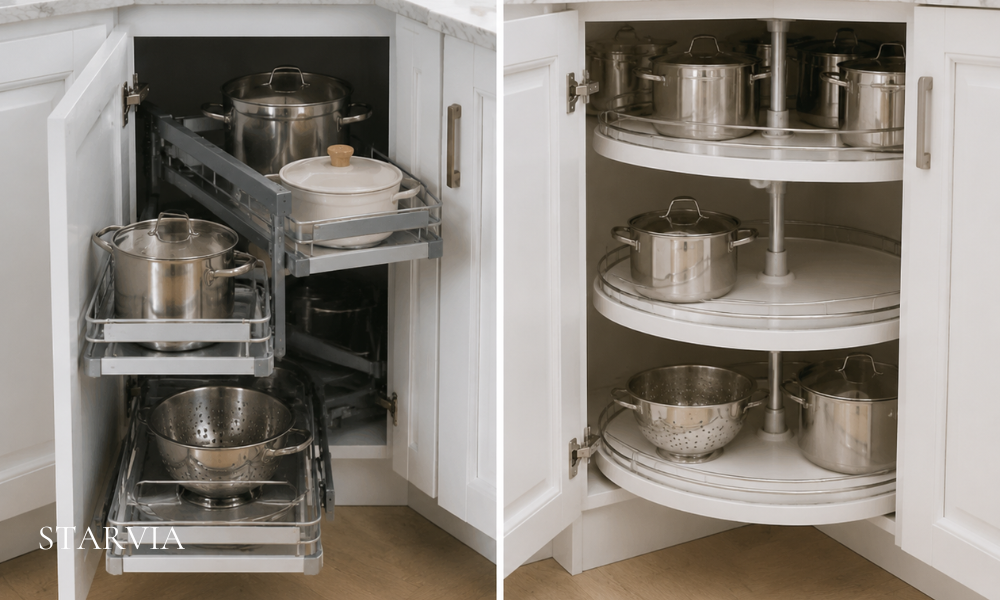 Blind corner cabinet compared with premium lazy susan hardware