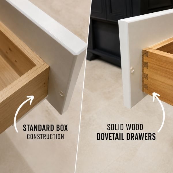 Comparison between dovetail drawer construction and staple and glue drawer boxes
