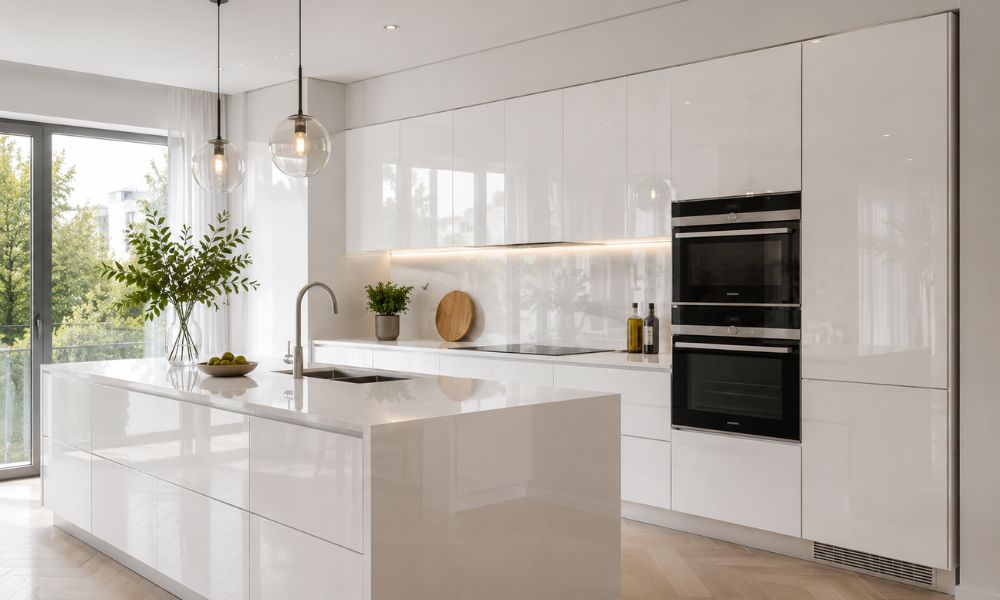 Modern kitchen with high gloss lacquer cabinet doors