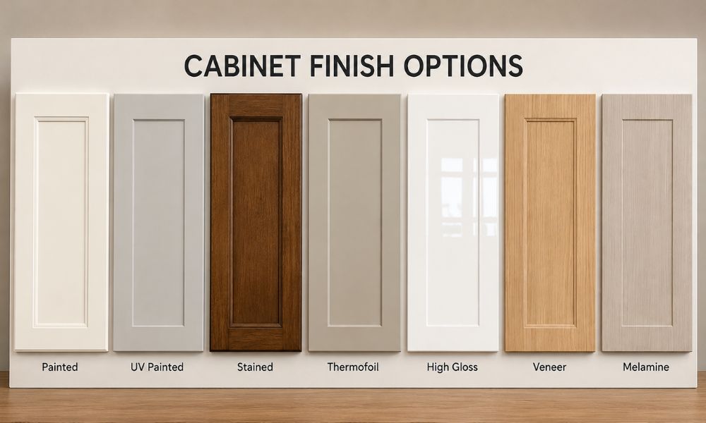 Comparison of kitchen cabinet finish types including paint stain veneer thermofoil melamine and high gloss