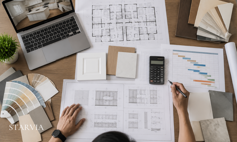 Multifamily kitchen cabinet project planning with drawings and construction schedules.