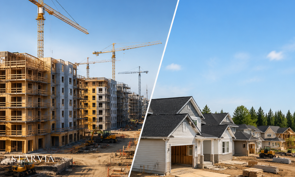 Comparison between multifamily apartment construction and single-family housing developments.