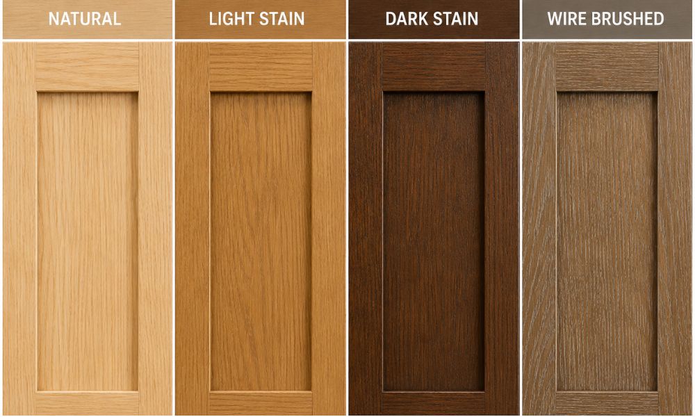 Oak cabinet finish options including natural stain and wire brushed finish