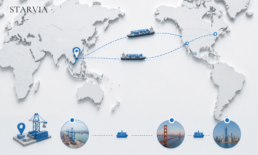 Ocean shipping routes from Vietnam to West Coast and East Coast United States.