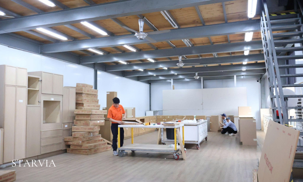 Quality control inspection of kitchen cabinets at a Vietnam OEM factory