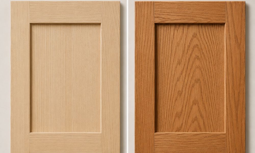 Comparison of white oak and red oak cabinet door grain