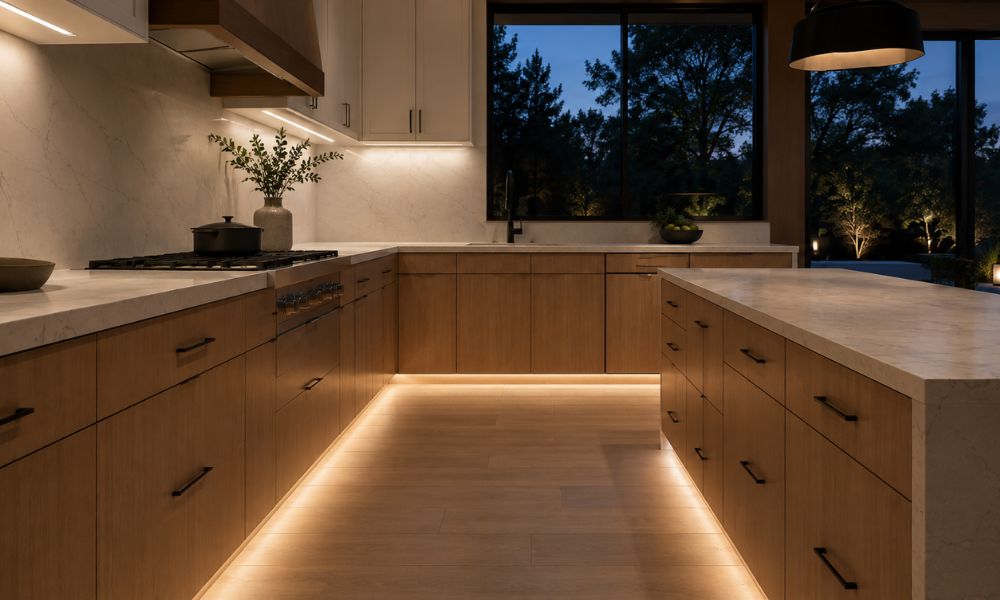 Integrated LED toe kick lighting on kitchen cabinet