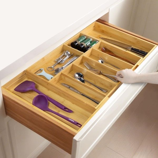 Kitchen cabinet drawer dividers and tray inserts