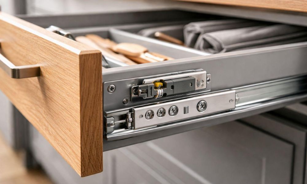 Kitchen cabinet pull-out shelf with full-extension slides