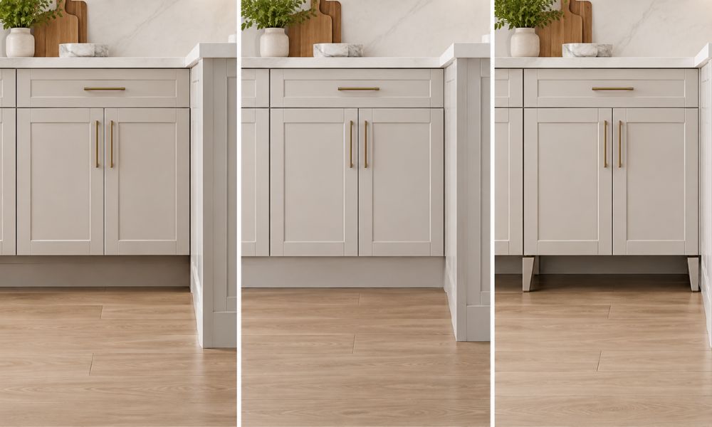 Recessed flush and leg extension kitchen cabinet toe kick styles