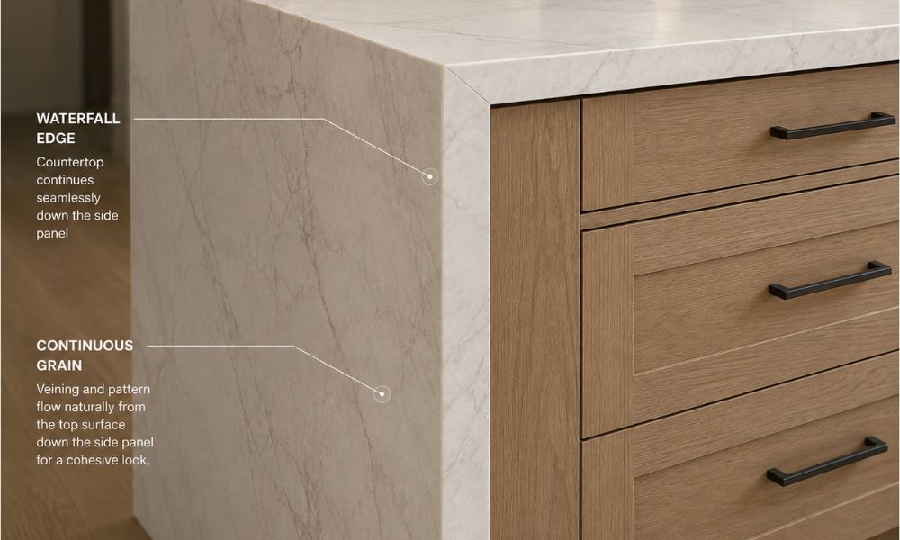 Waterfall kitchen island cabinet panel