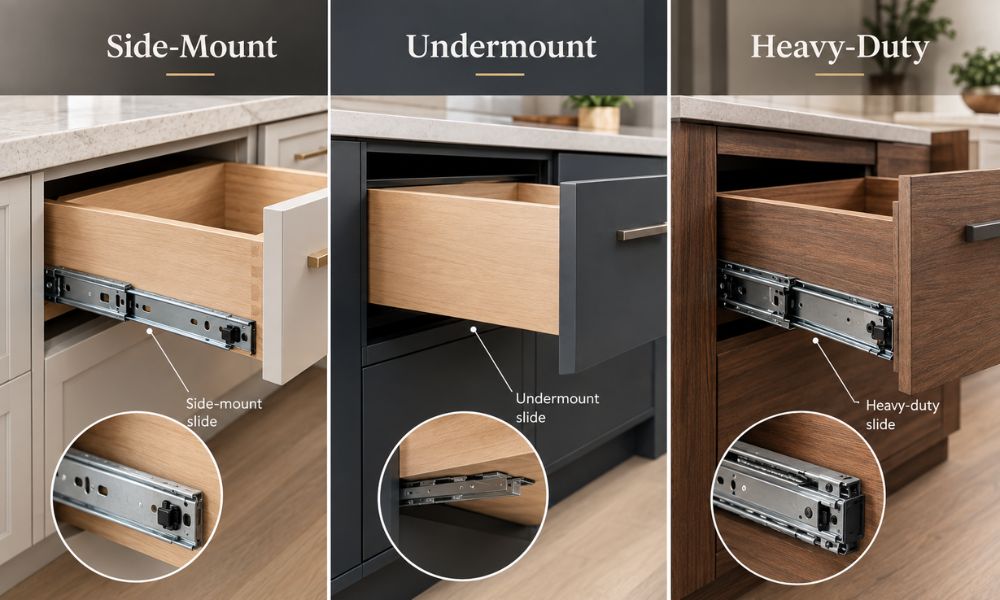 Three types of kitchen cabinet drawer slides: side-mount, undermount, and heavy-duty