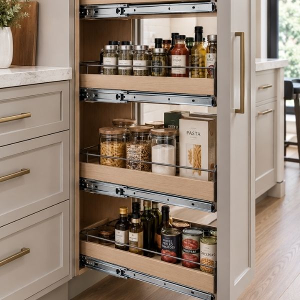 Heavy-duty drawer slides supporting a pull-out pantry cabinet