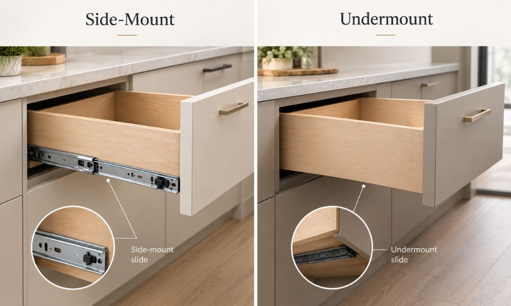 Side-mount vs undermount drawer slides on kitchen cabinet drawers