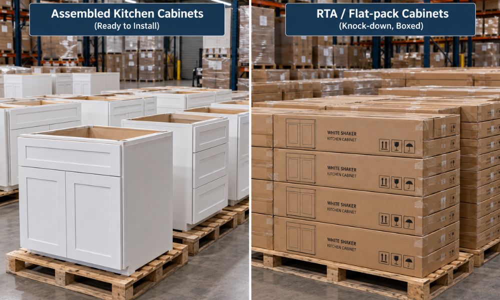 Kitchen cabinet container loading wholesale OEM comparison between flat-pack and assembled cabinets.