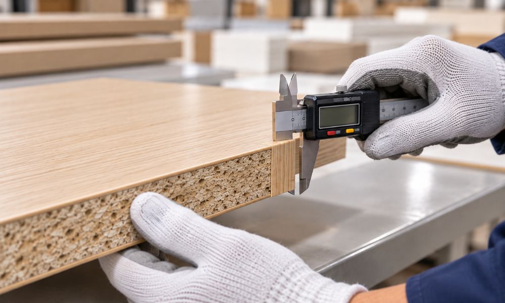 Kitchen cabinet edge banding wholesale OEM quality control inspection measuring edge thickness with a digital caliper.
