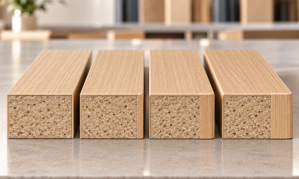 Kitchen cabinet edge banding wholesale OEM thickness comparison of 0.4mm, 0.8mm, 1mm and 2mm PVC edges.