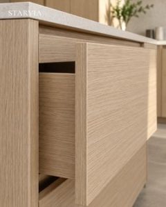Kitchen cabinet edge banding wholesale OEM showing precision PVC edge finishing on cabinet panels.