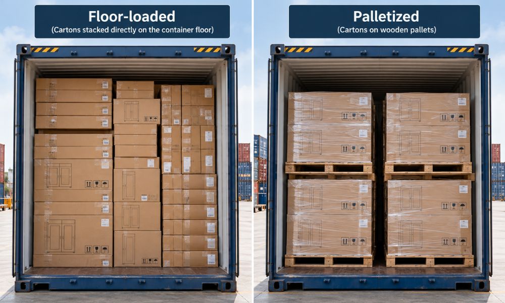 Kitchen cabinet container loading wholesale OEM using palletized and floor-loaded shipping methods.